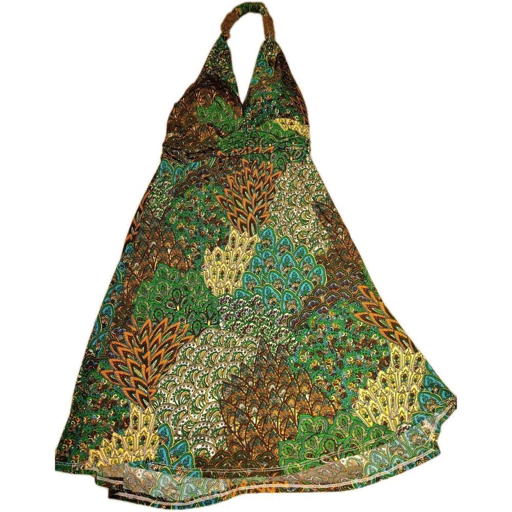 Cristinalove Peacock Paisley Halter Mini Dress Green Brown Boho Small - Picture 11 of 13